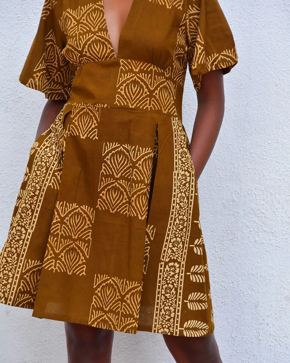 Golden Blossom Mustard Handblockprinted Cotton Dress - Hmbd