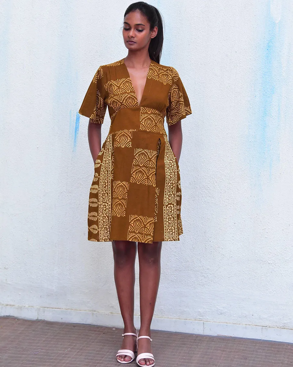 Golden Blossom Mustard Handblockprinted Cotton Dress - Hmbd