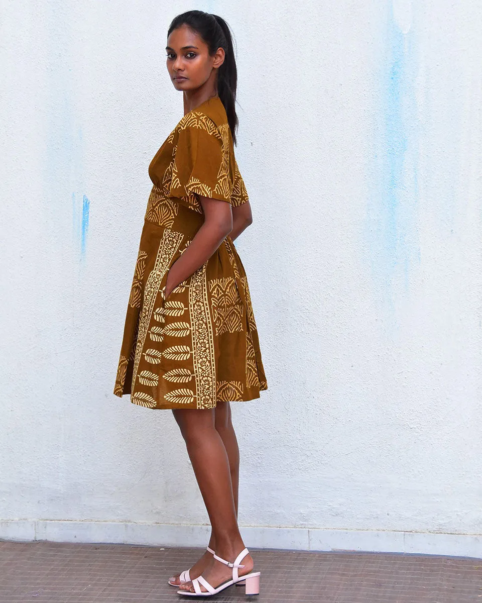 Golden Blossom Mustard Handblockprinted Cotton Dress - Hmbd