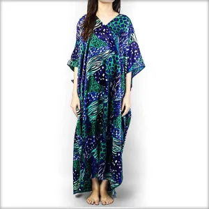 Green & Blue Printed Satin V-Neck Kaftan