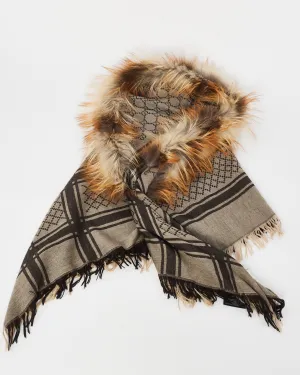 Gucci Vintage Brown Monogram Wool-Silk Fox Fur Trimmed Scarf