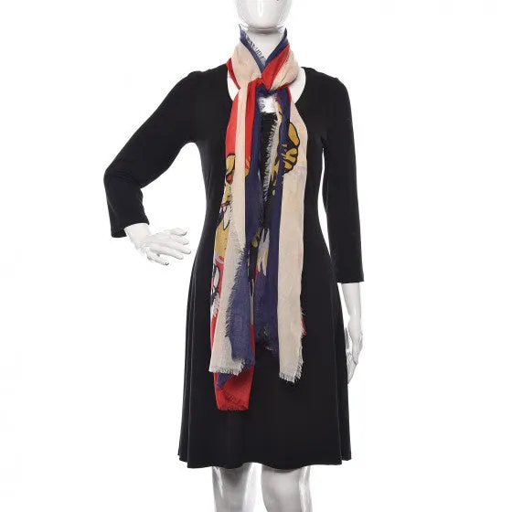 Gucci Wool Sylvie Tiger Scarf in Sapphire and Ivory