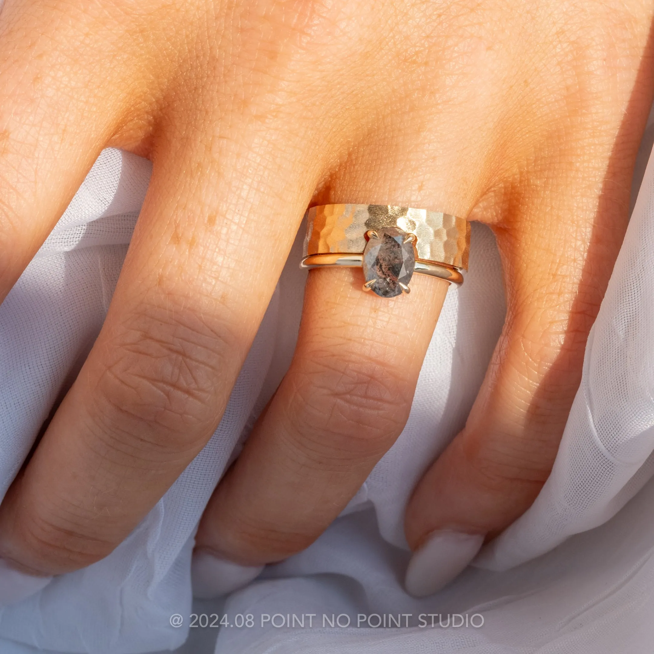 Hammered Ellipse Setting, 6mm 14k Yellow Gold Comfort Fit Wedding Band, Matte Finish