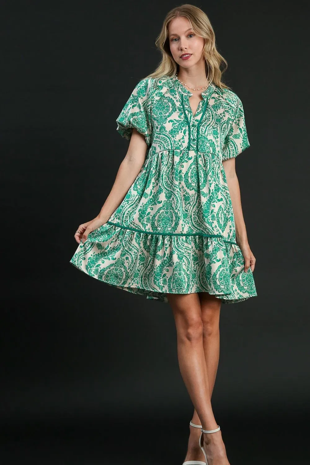Hazel Blues® | Umgee Printed Notched Puff Sleeve Mini Dress