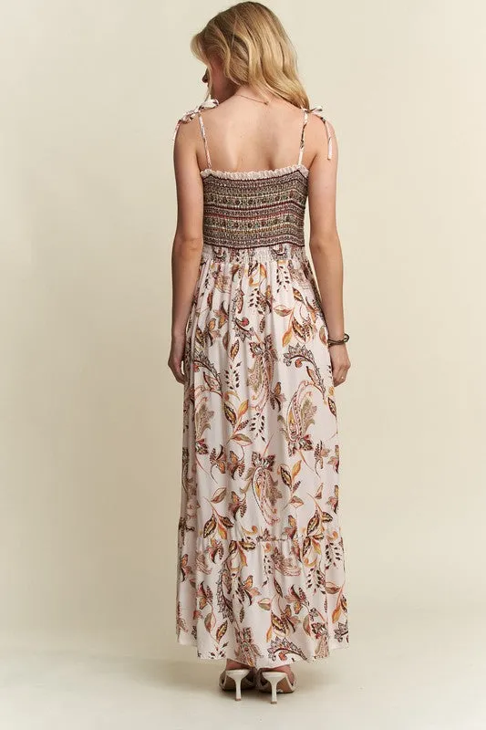 Ivory Smocked Printed Square Neck Tie Shoulder Cami Dress