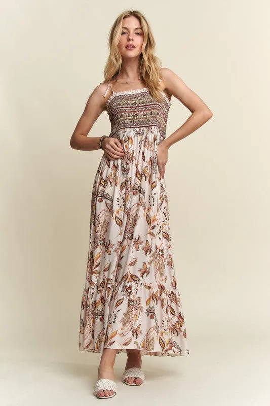 Ivory Smocked Printed Square Neck Tie Shoulder Cami Dress