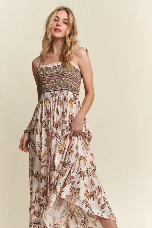 Ivory Smocked Printed Square Neck Tie Shoulder Cami Dress