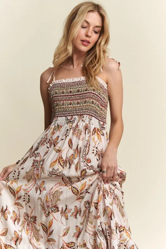 Ivory Smocked Printed Square Neck Tie Shoulder Cami Dress
