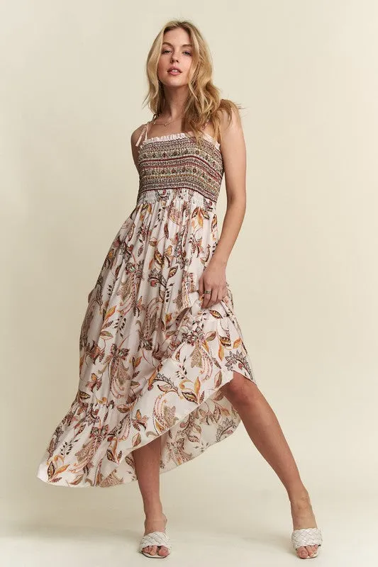 Ivory Smocked Printed Square Neck Tie Shoulder Cami Dress