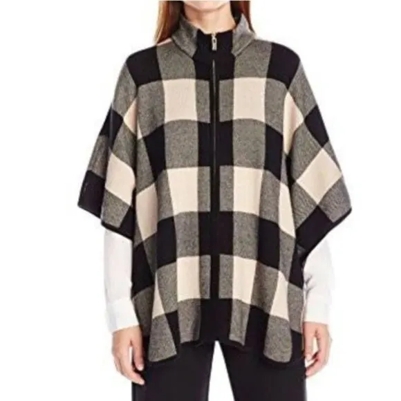 Jones New York Black Cream Plaid Full Zip Poncho Size S/M