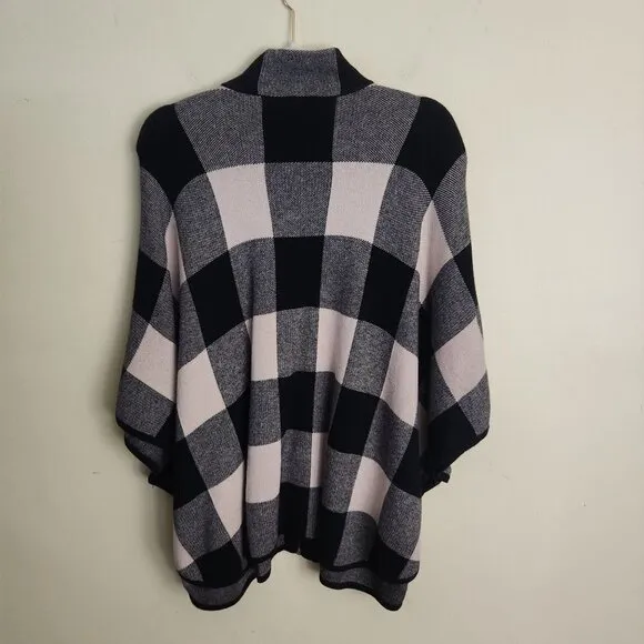 Jones New York Black Cream Plaid Full Zip Poncho Size S/M