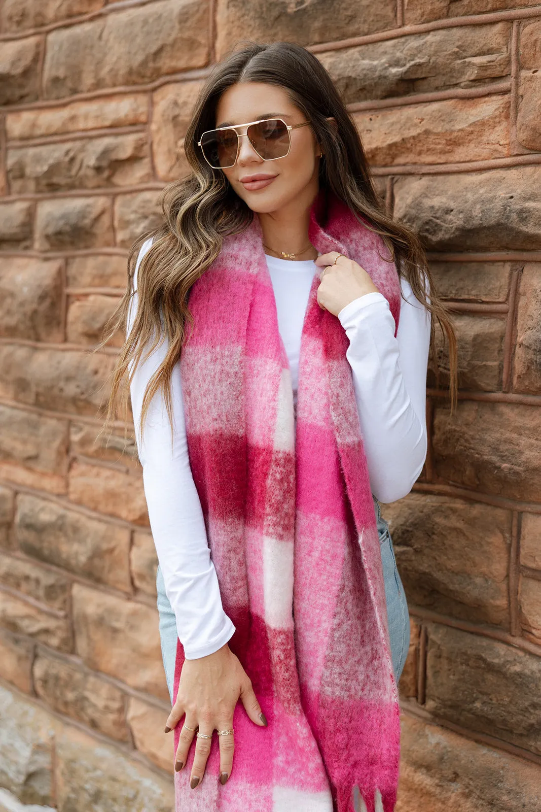 Keeping Cozy Chunky Scarf - Pink Plaid