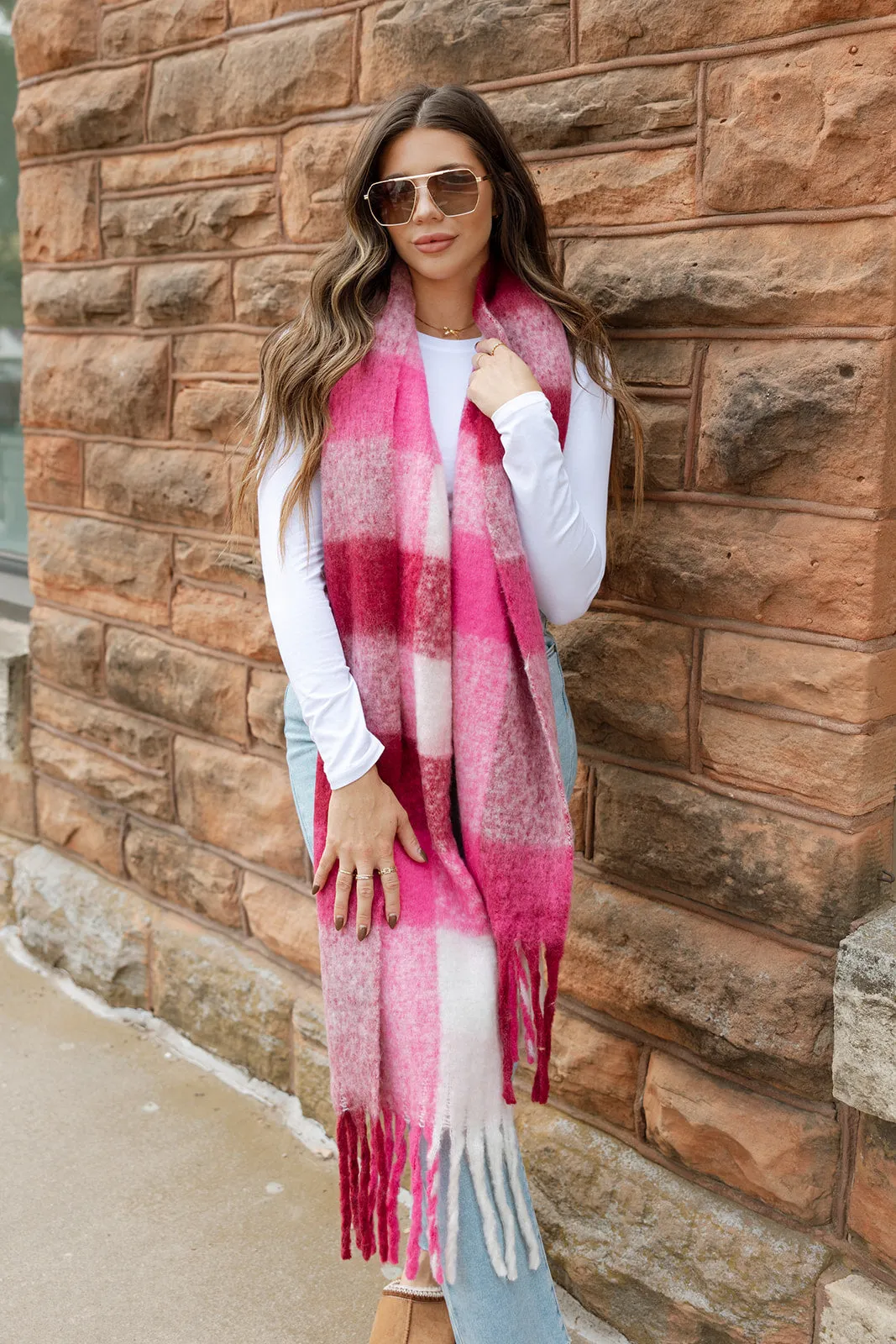 Keeping Cozy Chunky Scarf - Pink Plaid