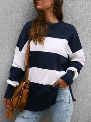Knitted Stitching Striped Simple Loose Sweater
