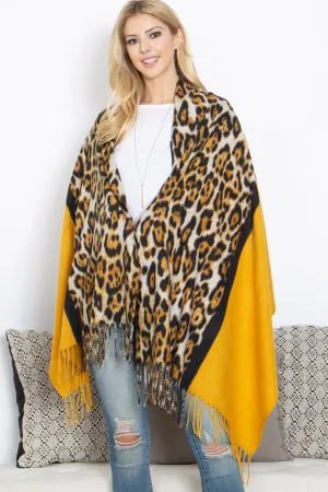 LEOPARD AND SOLID DESIGN PRINT FRINGE WOMEN'S SCARF WRAP