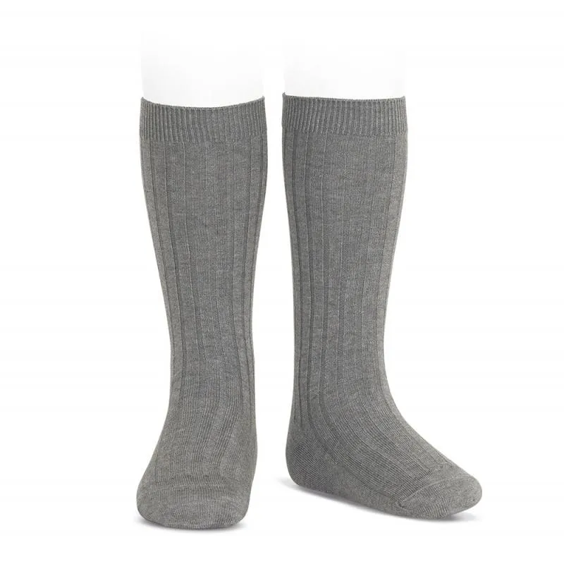 Light Grey Wide Ribbed Knee High Socks