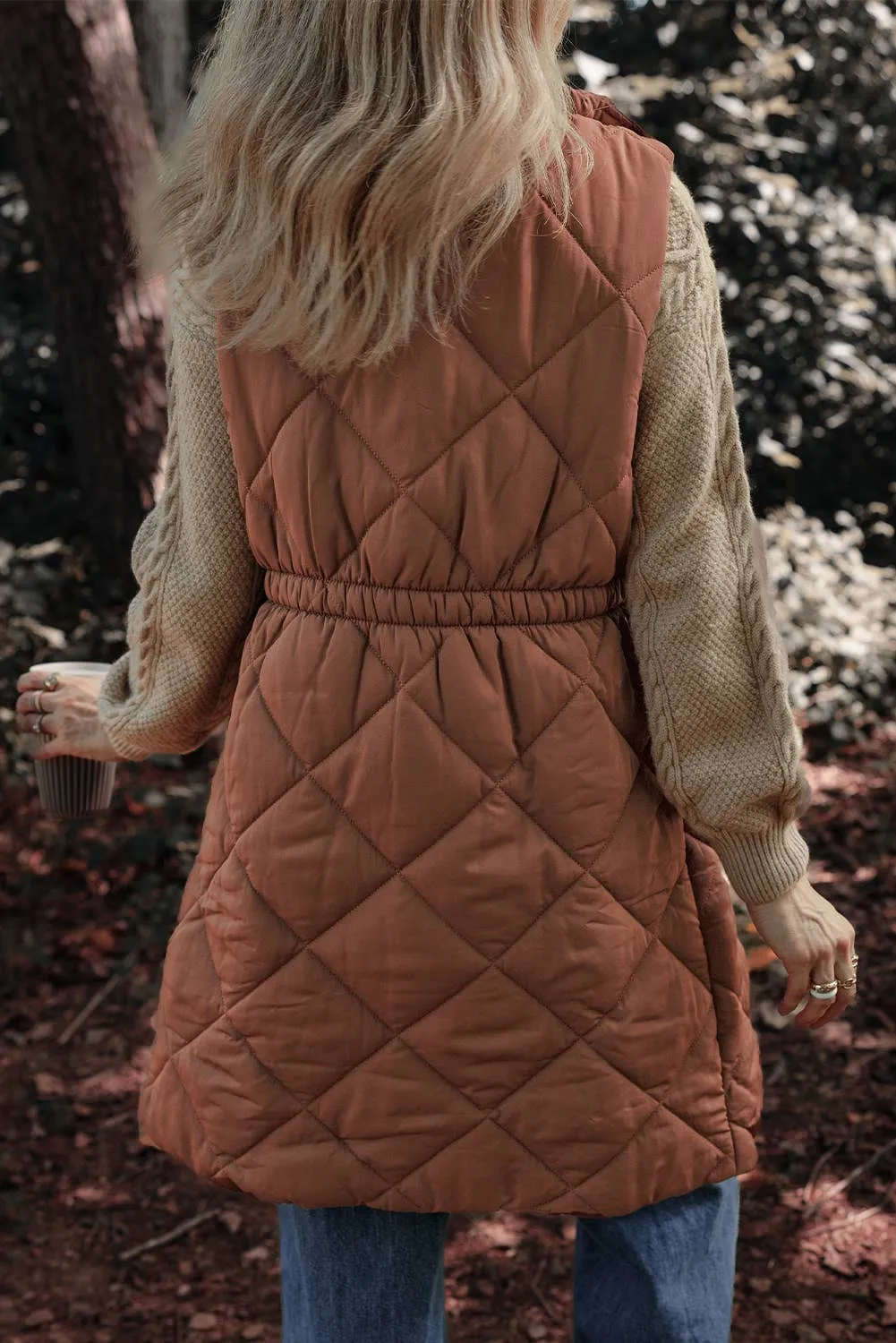 Longline Quilted Coffee Puffer Vest