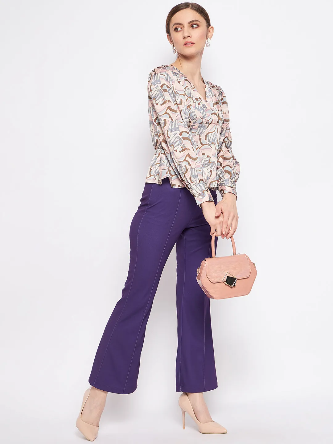 Madame Printed Peach Surplice Neck Top