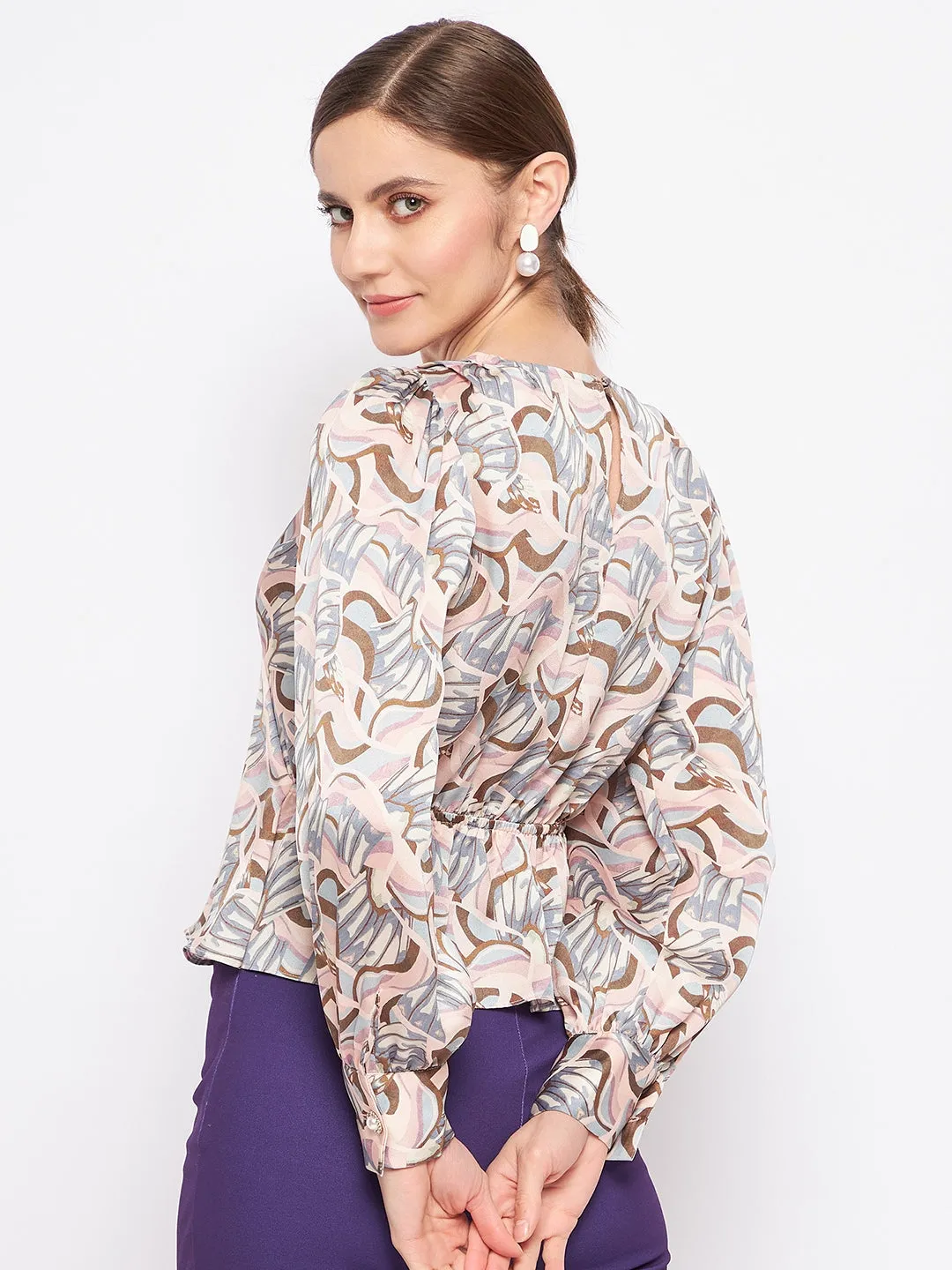 Madame Printed Peach Surplice Neck Top