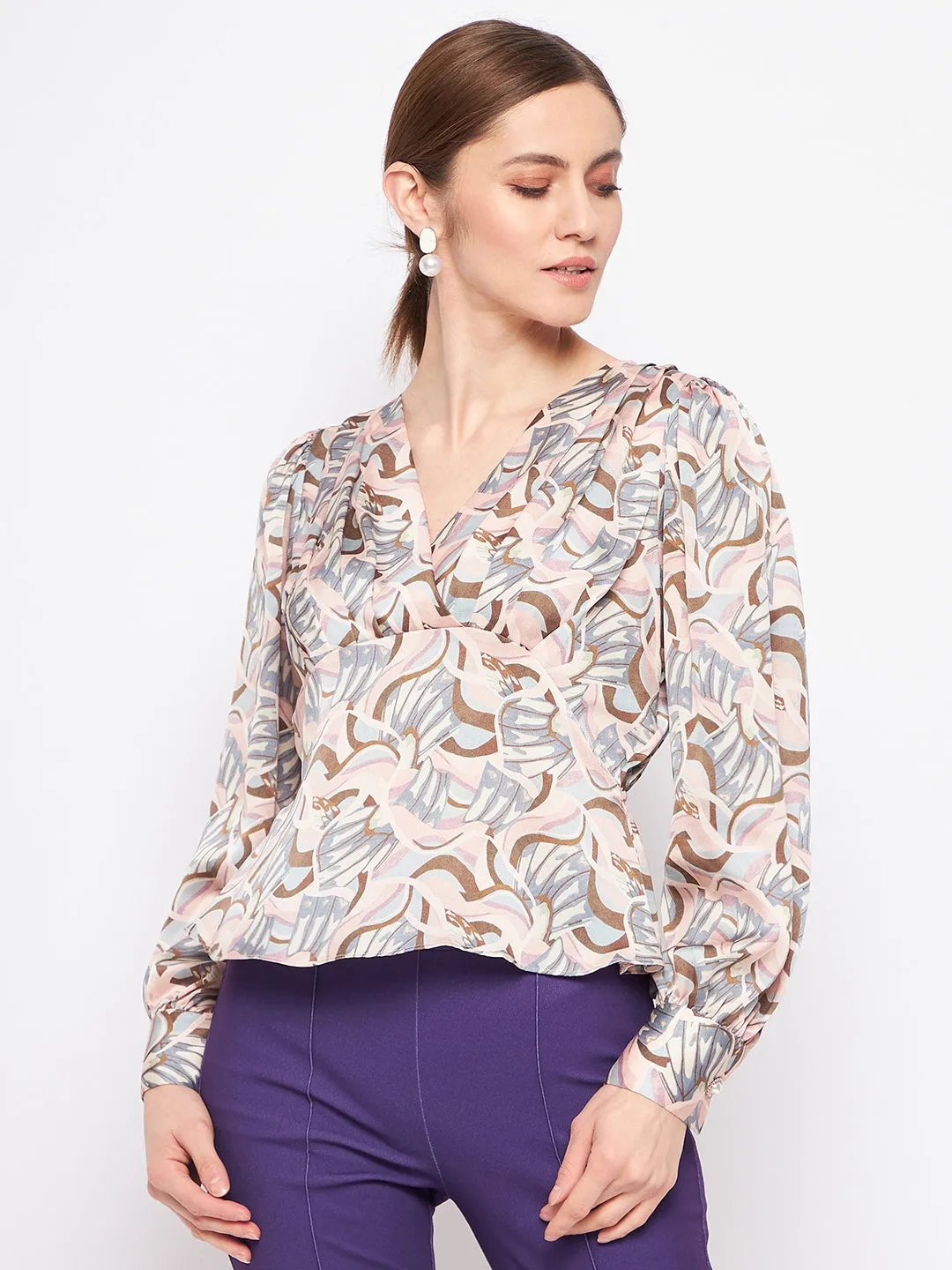 Madame Printed Peach Surplice Neck Top