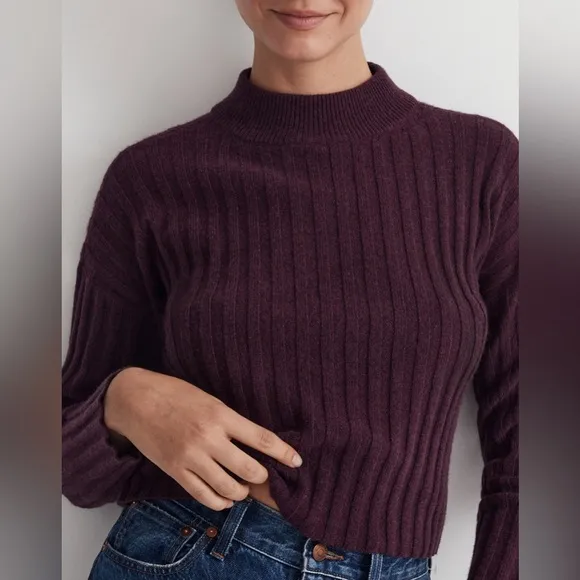 [madewell] wool blend ribbed mock neck cropped sweater heather plum 3X