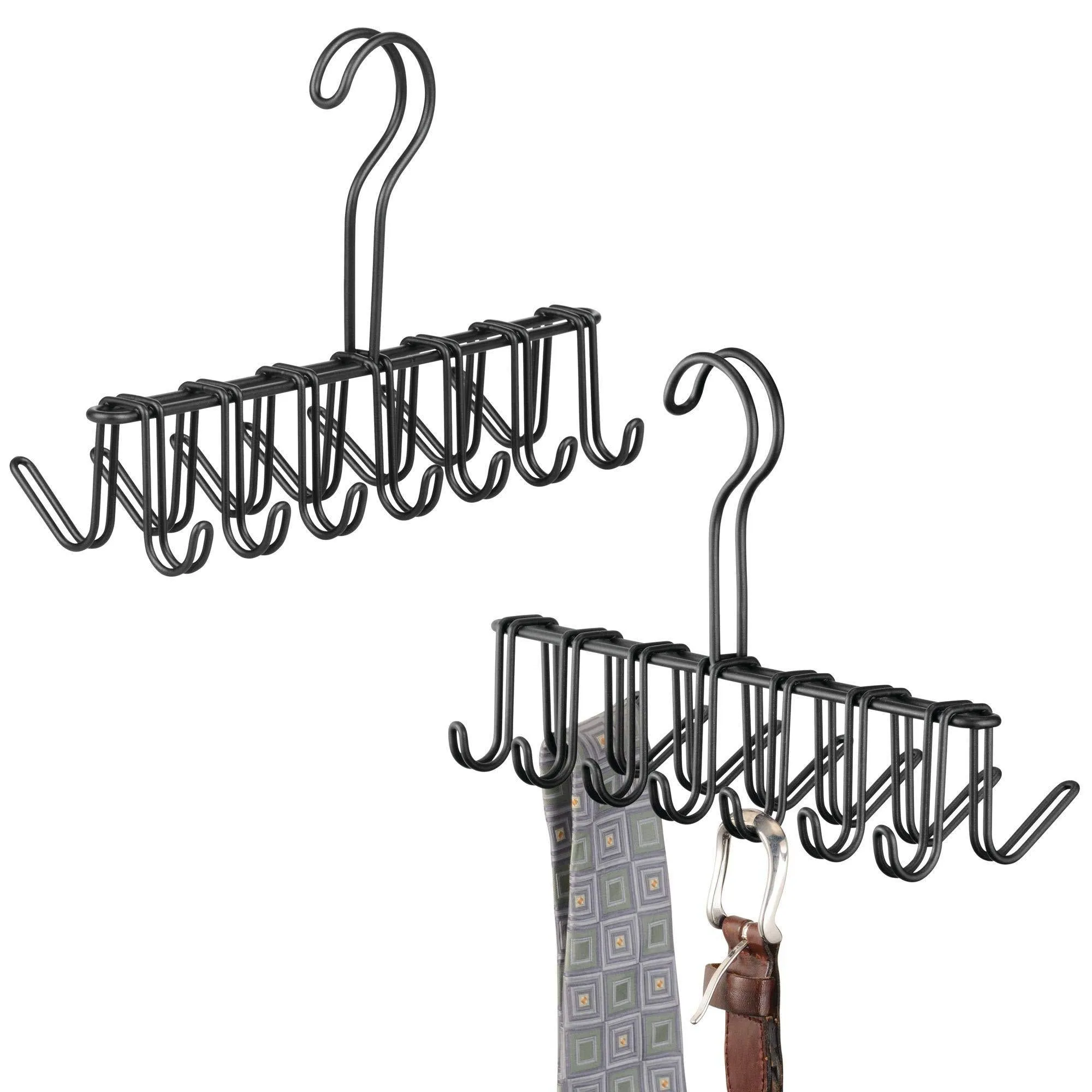 mDesign Over-The-Rod Closet Rack Hanger for Ties, Belts, Scarves � Pack of 2, Matte Black