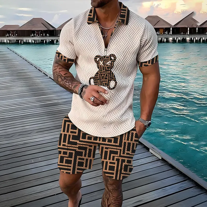 Men's Teddy Printed Polo Shirt and Shorts 2PCS Set