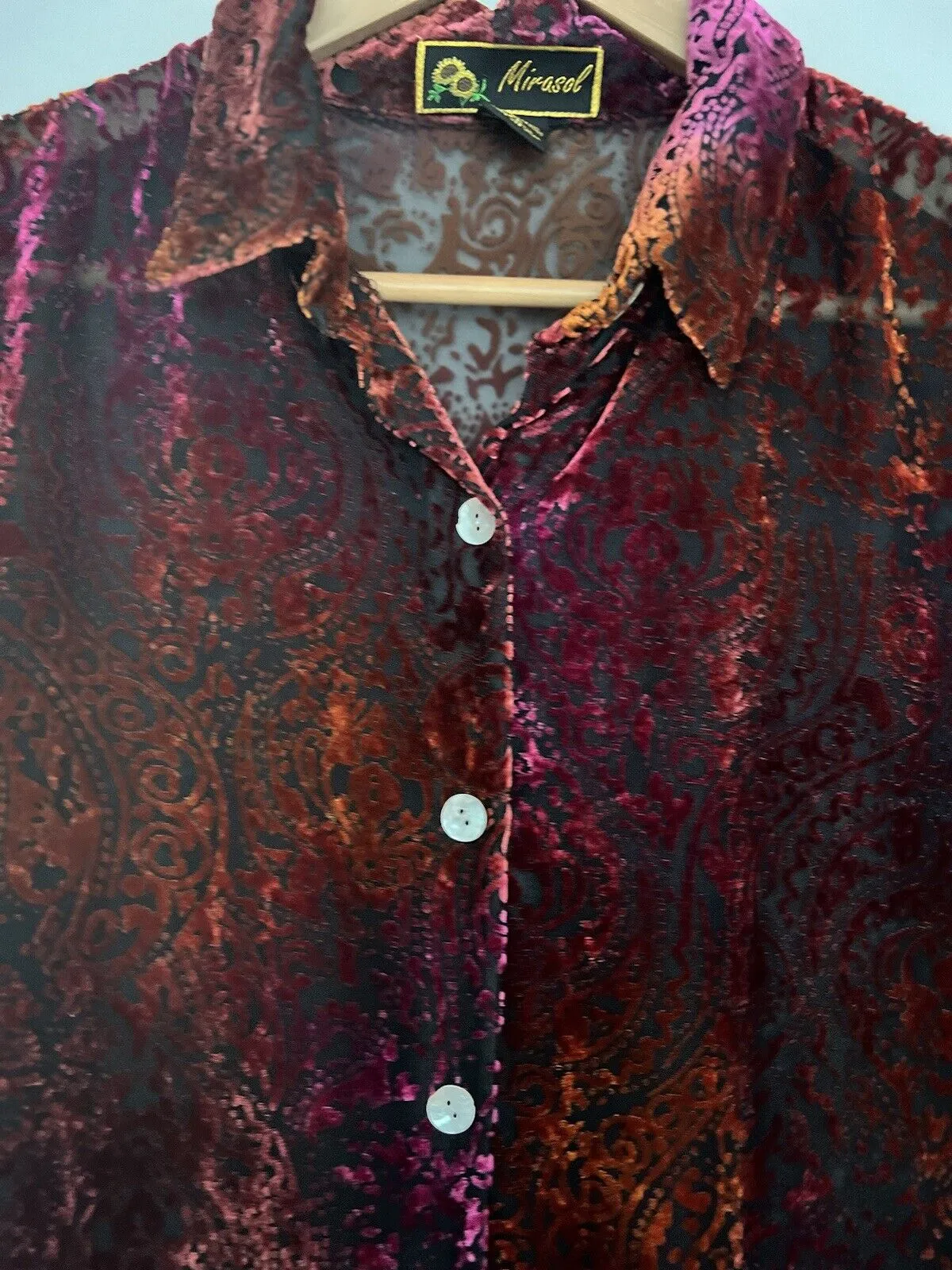 MIRASOL Embossed Velvet Button Up Shirt Sz XL Reflective Red Long Sleeve