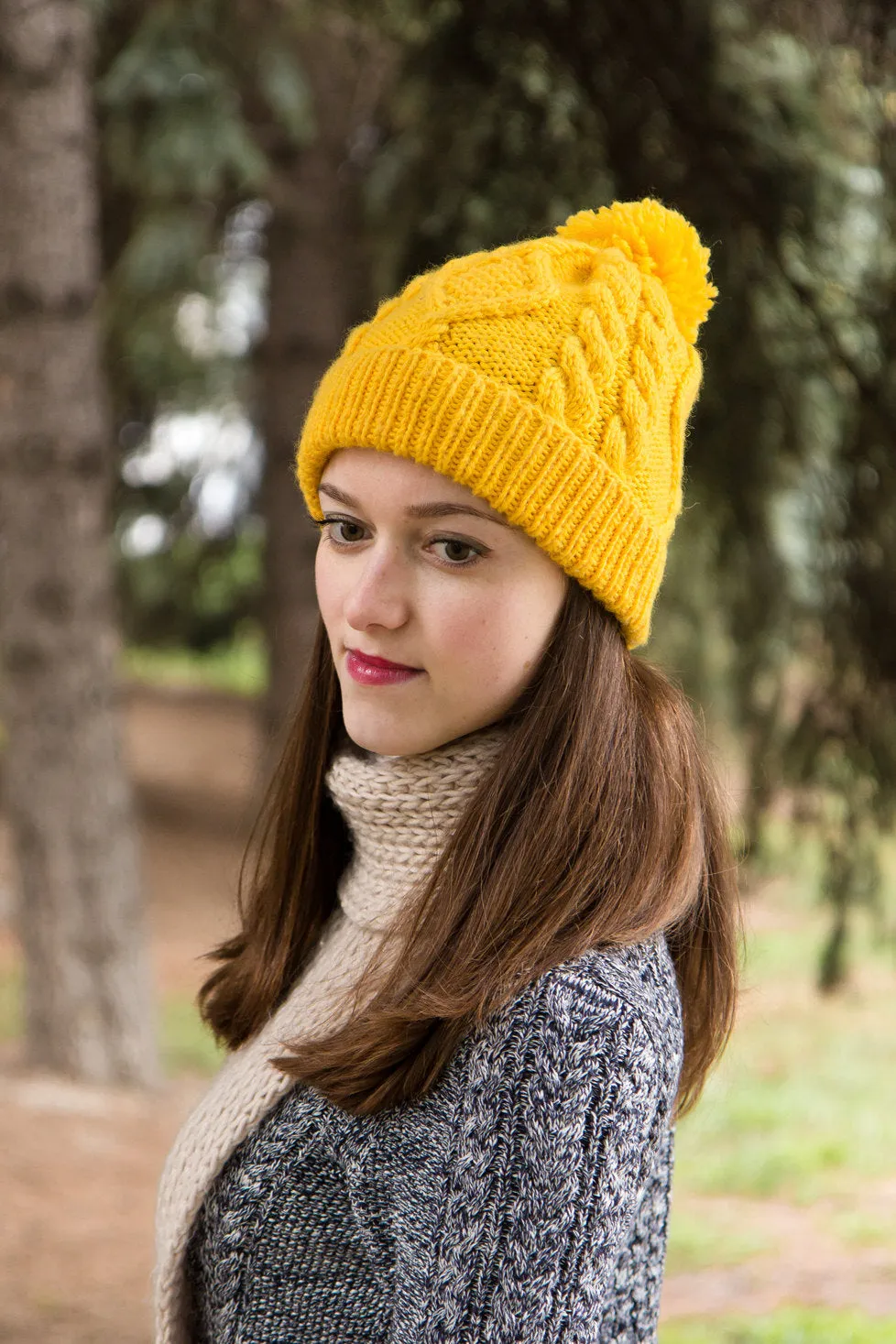 Mustard Cable Knit Bobble Hat
