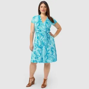 New LANDS END Dress Aqua Blue Paisley Jersey Knit Faux Wrap Stretch Midi Casual, Sz M 10-12