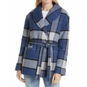 Nordstrom Signature Women's Belted Jacket Long Sleeve Blue Plaid Size M $180
