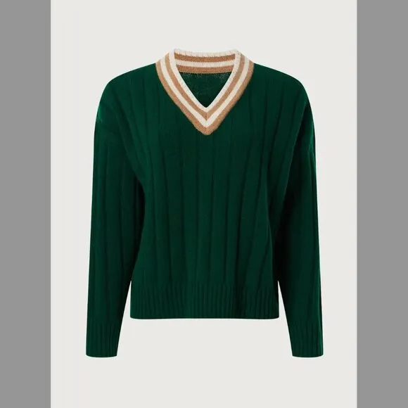 NWOT Madewell Tipped V-Neck Oversized Sweater utopian pine green brown stripe