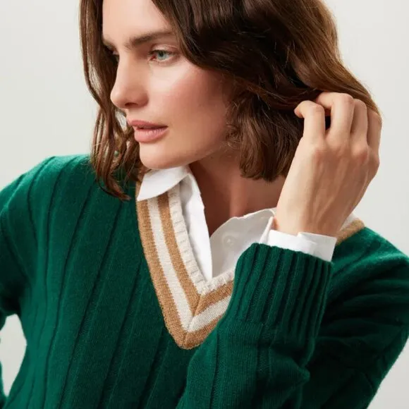 NWOT Madewell Tipped V-Neck Oversized Sweater utopian pine green brown stripe