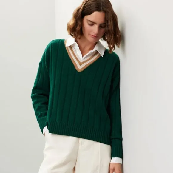 NWOT Madewell Tipped V-Neck Oversized Sweater utopian pine green brown stripe