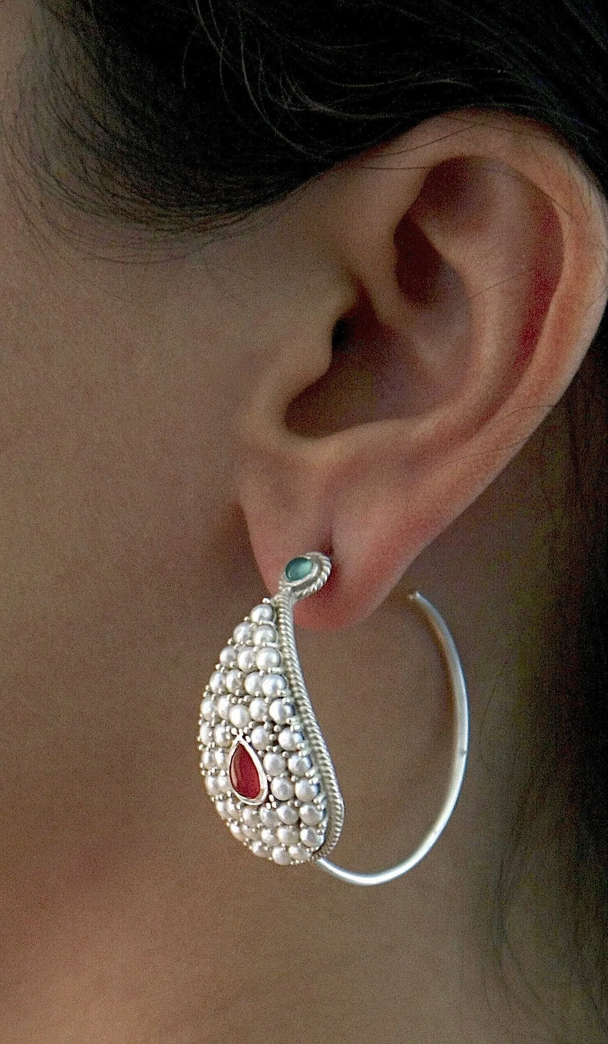 Pearl open-hoops with green and red semi-precious stone accents