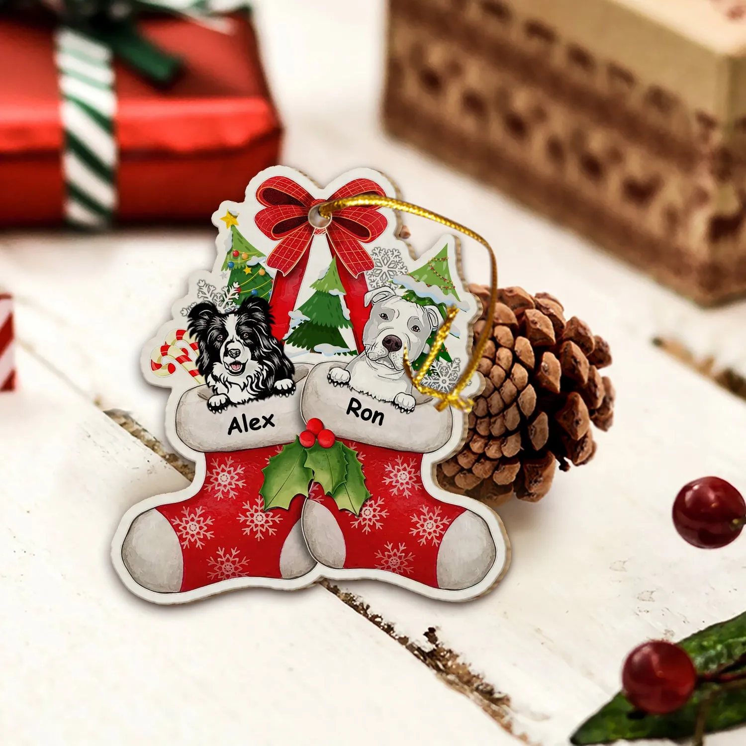 Peeking Dog On Christmas Stocking Personalized Wooden Ornament