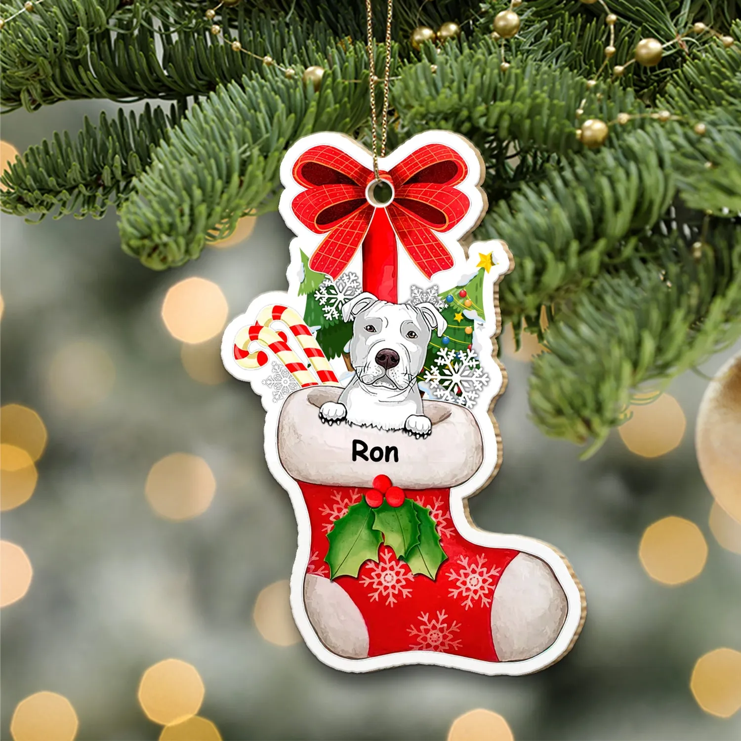 Peeking Dog On Christmas Stocking Personalized Wooden Ornament