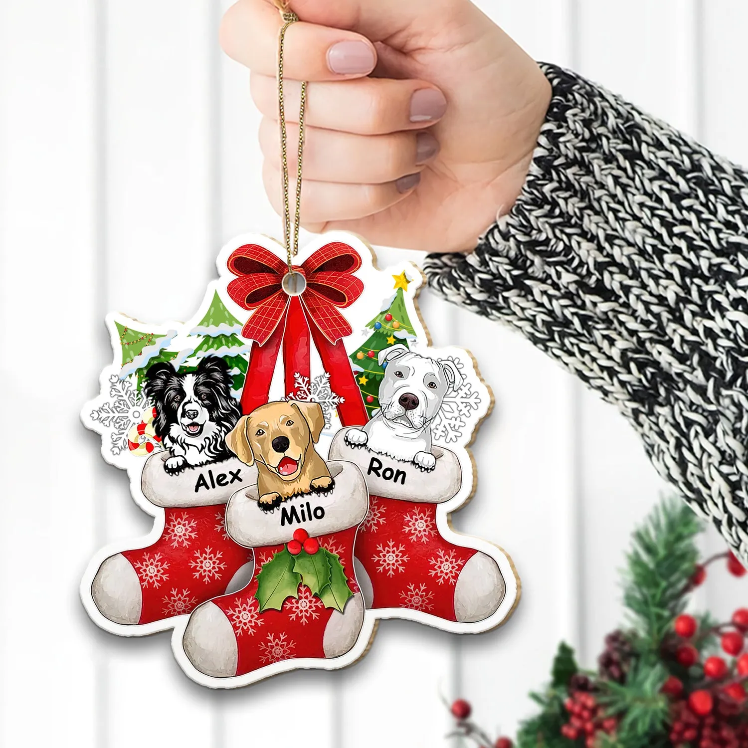Peeking Dog On Christmas Stocking Personalized Wooden Ornament