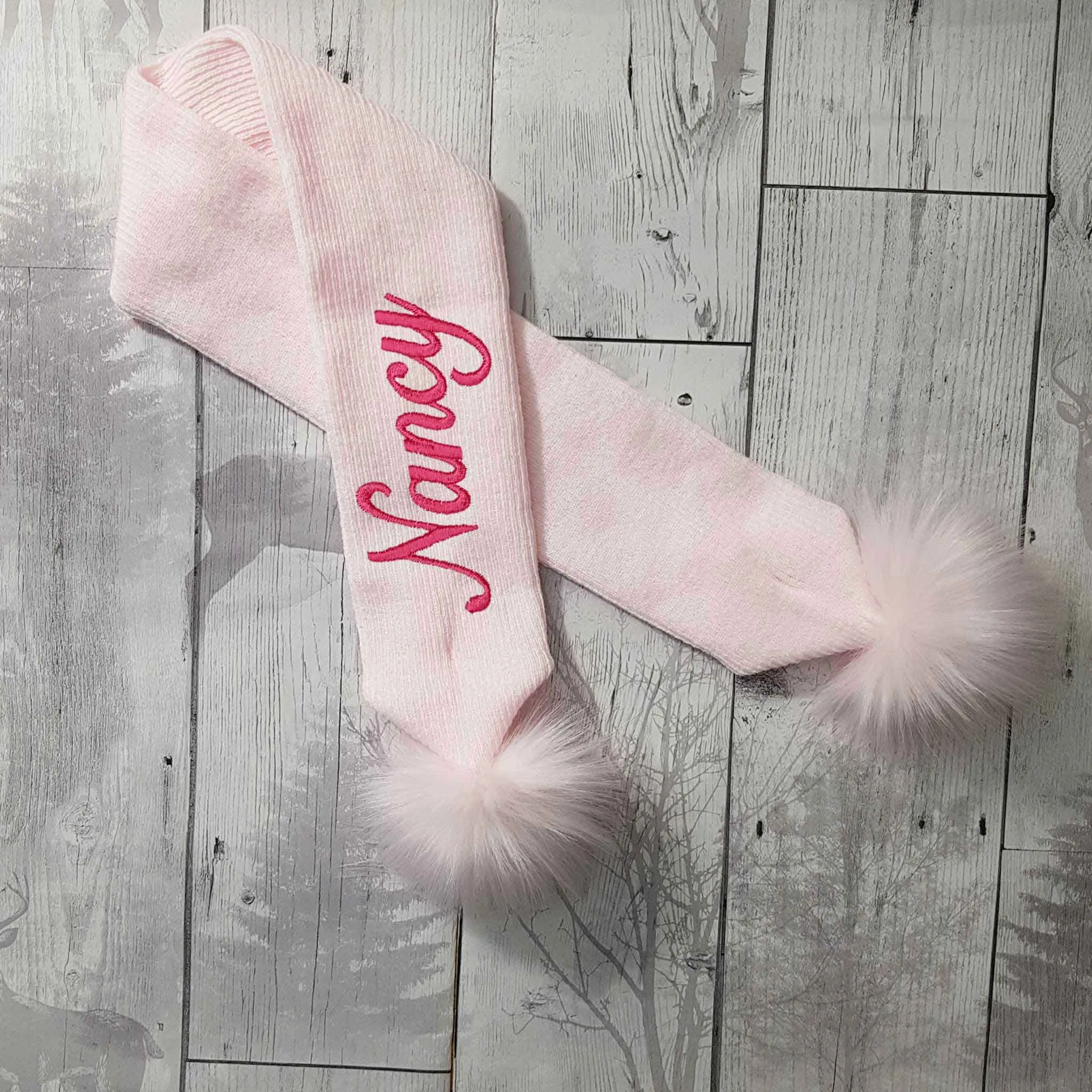 Personalised Baby Scarf Pink with Pink Faux Fur pom poms
