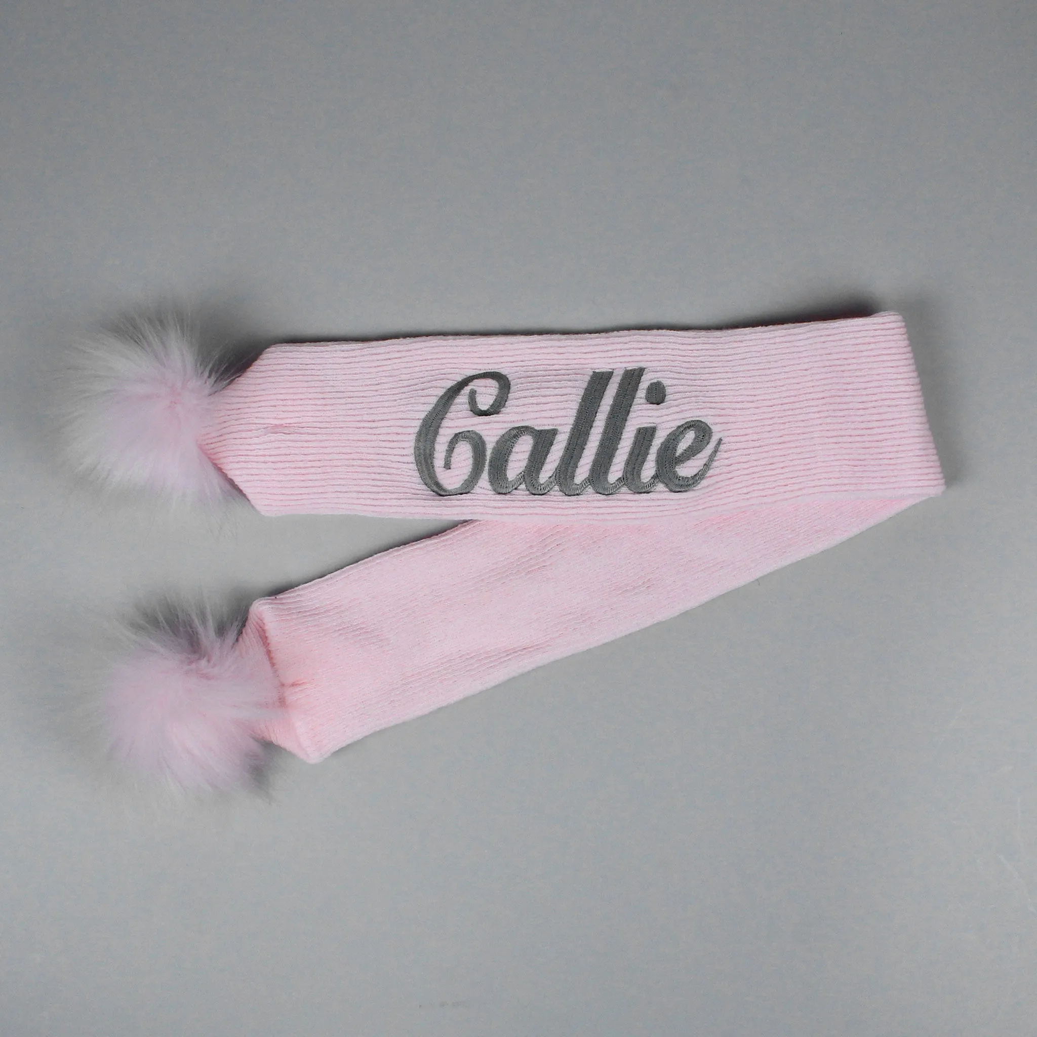 Personalised Baby Scarf Pink with Pink Faux Fur pom poms