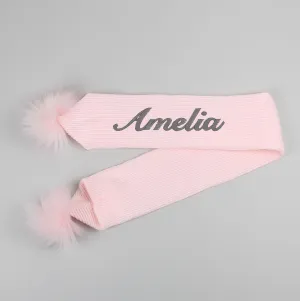 Personalised Baby Scarf Pink with Pink Faux Fur pom poms