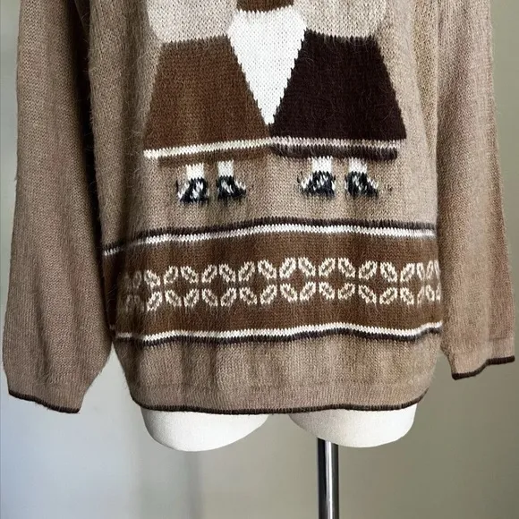 PERUVIAN 100% Alpaca Wool Handmade Crew Neck Knit Sweater Sz M Brown Tan Soft