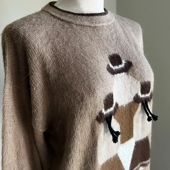 PERUVIAN 100% Alpaca Wool Handmade Crew Neck Knit Sweater Sz M Brown Tan Soft