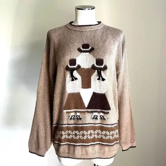 PERUVIAN 100% Alpaca Wool Handmade Crew Neck Knit Sweater Sz M Brown Tan Soft