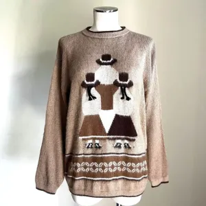 PERUVIAN 100% Alpaca Wool Handmade Crew Neck Knit Sweater Sz M Brown Tan Soft