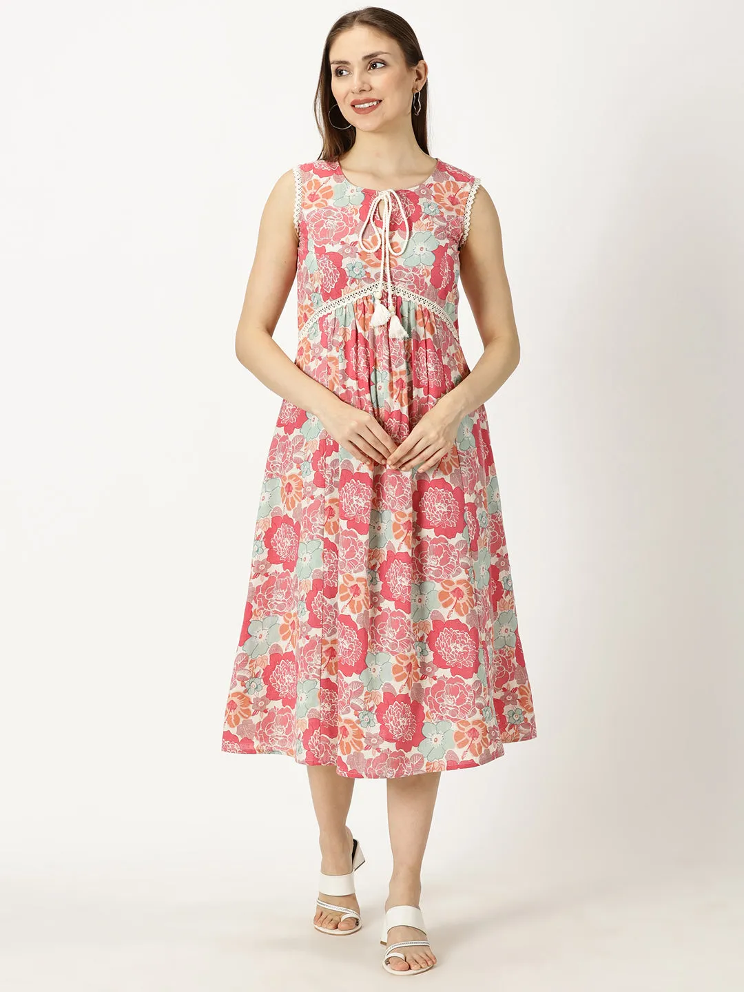 Pink Floral Printed Dress with Braided Neck Tie-up and Lace inserts