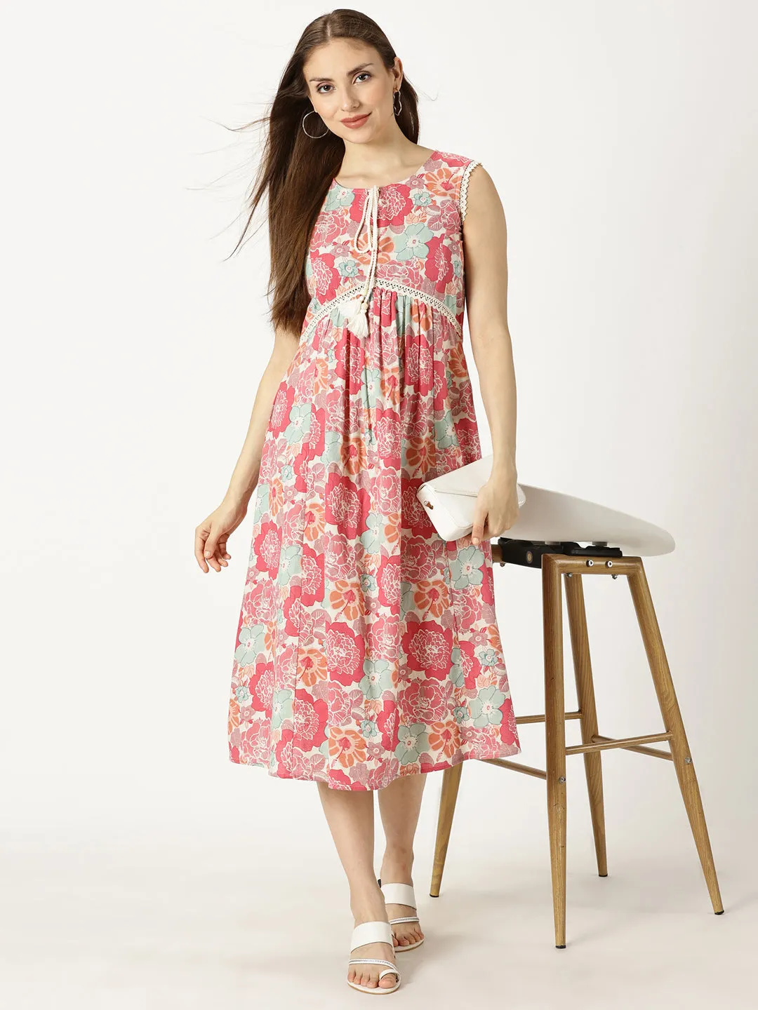 Pink Floral Printed Dress with Braided Neck Tie-up and Lace inserts