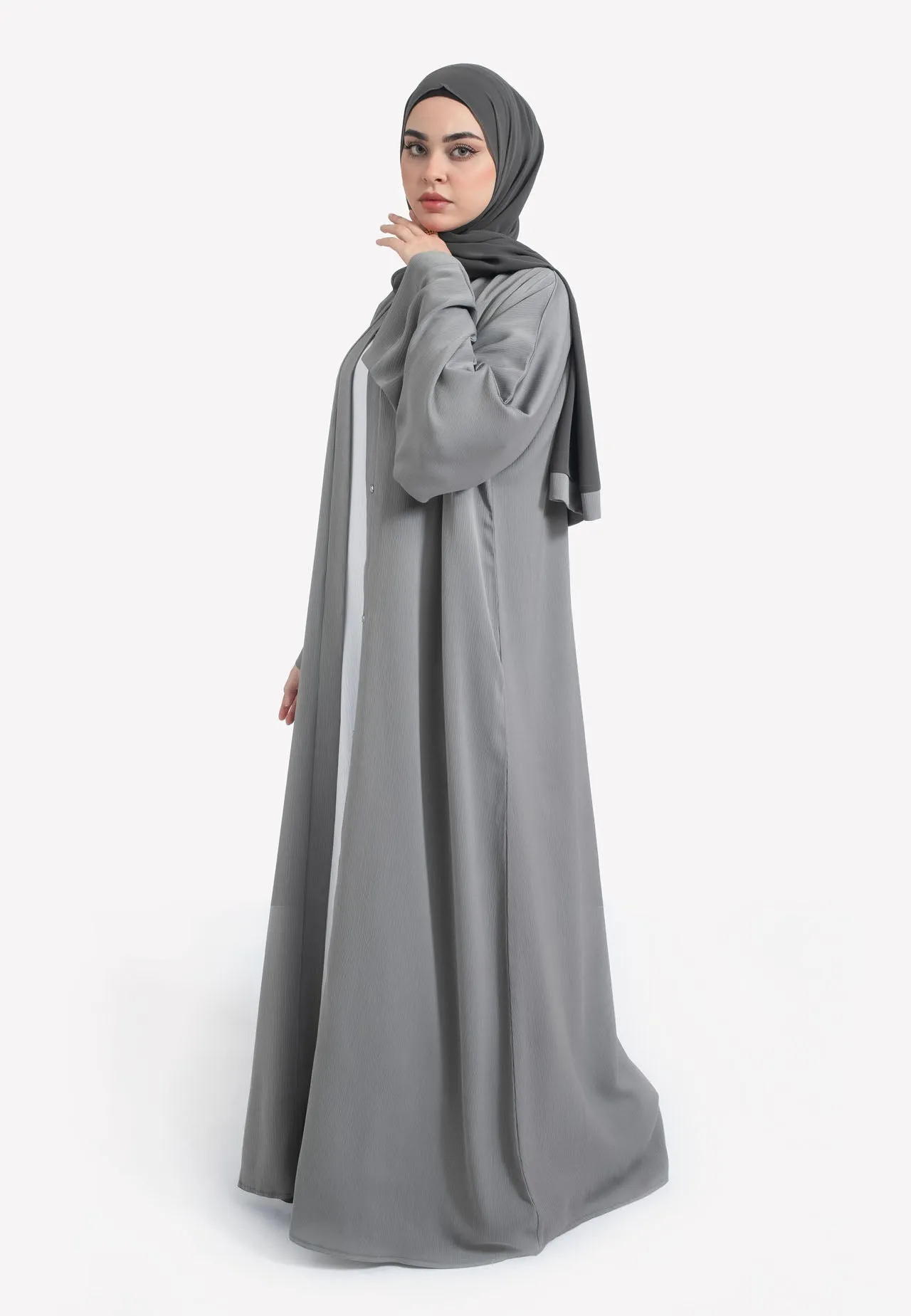 Plain Pebble Grey Textured Open Abaya