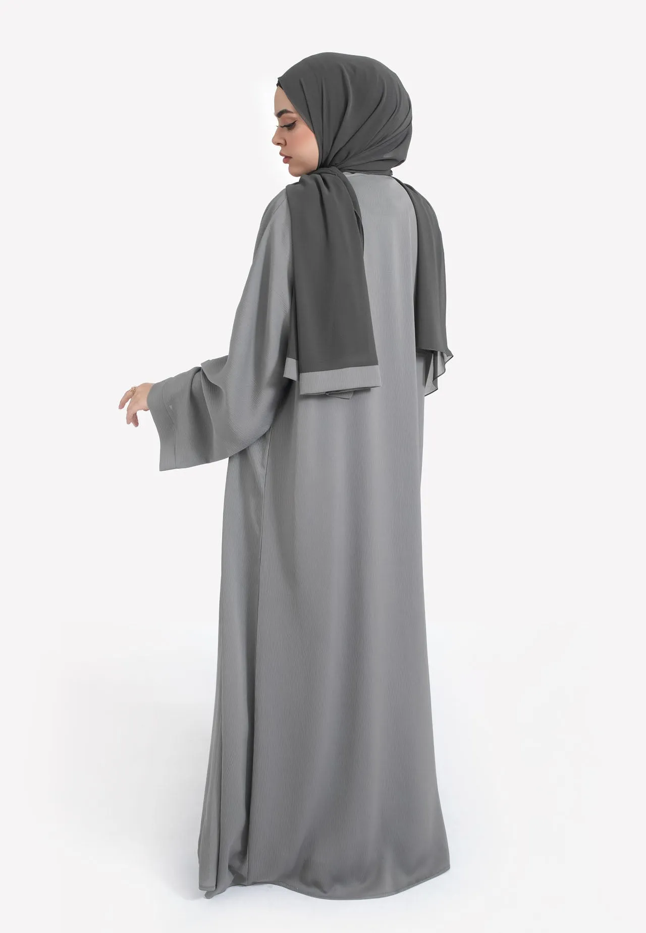 Plain Pebble Grey Textured Open Abaya