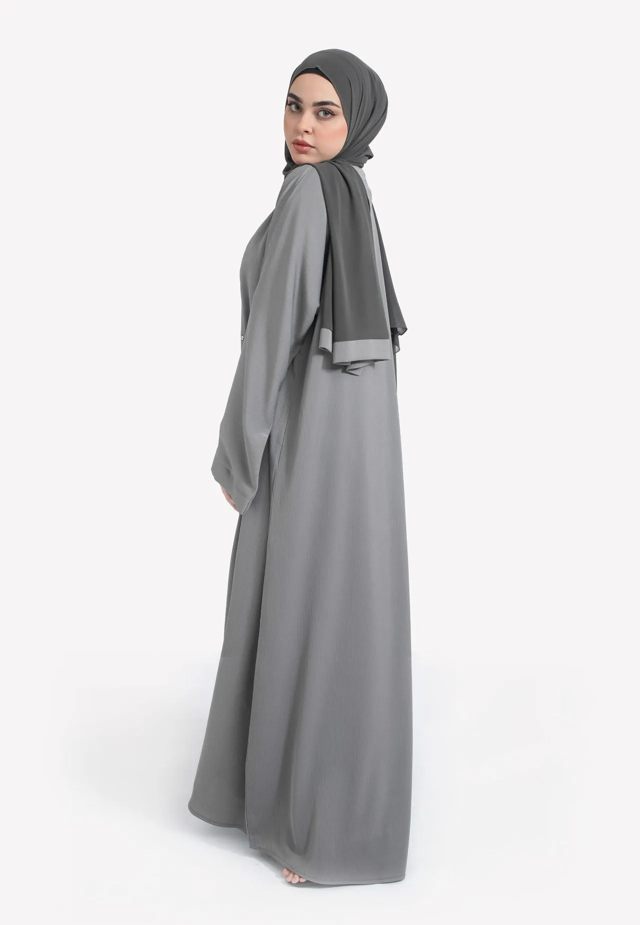Plain Pebble Grey Textured Open Abaya